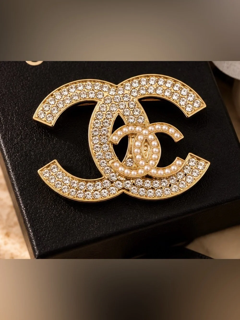 Gold Tone Crystal Double C Brooch Rhinestone Statement Lapel Pin
